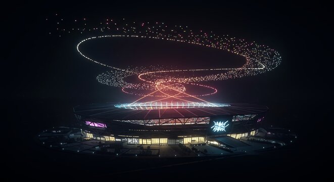 Illuminated Stadium with Drone Display at Night for Event Celebration