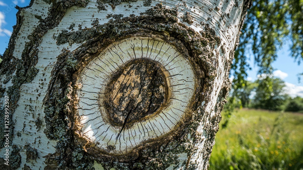 Poster The smooth bark of a birch tree with distinctive white and black markings. 