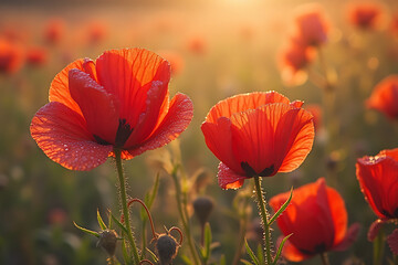 Obraz premium A beautiful field of red poppies with a single red flower in the foreground. Concept of tranquility and calmness, as the vibrant red flowers stand out against the lush green grass