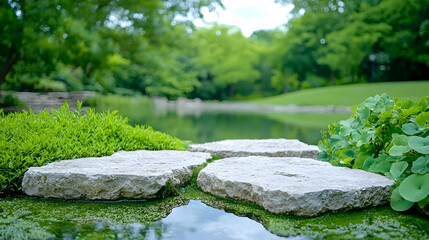 Serene garden pond stepping stones, lush greenery background, peaceful landscape