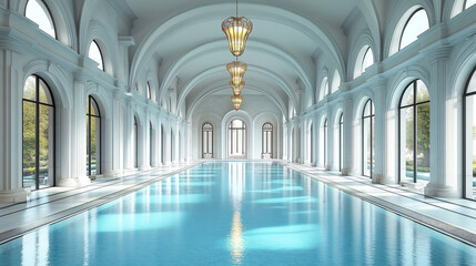 Luxury Indoor Pool with Arched Architecture & Chandeliers – Ideal for Hotel, Spa, Interior Design & Real Estate Marketing, hotel branding, luxury real estate promotions, interior design showcases, spa