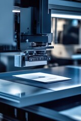A creative image of a business card being printed on a sleek machine in a design studio
