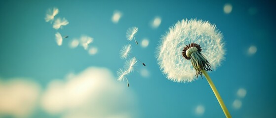 A lone dandelion disperses seeds into a bright blue sky, symbolizing hope, dreams, and new beginnings.