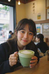 An asian woman, 23 years old, holding a matcha latte in a coffee shop