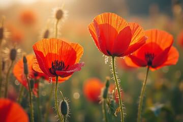 Fototapeta premium A field of red poppies with a single red flower in the foreground
