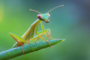 Fototapeta premium Vibrant Green Praying Mantis on Dew-Covered Stem