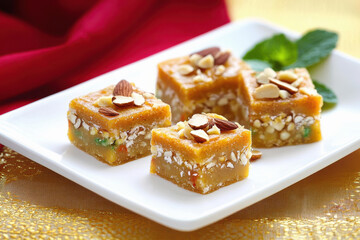Indian sweet, Chikki barfi on a white plate with a red cloth and golden tablecloth background.