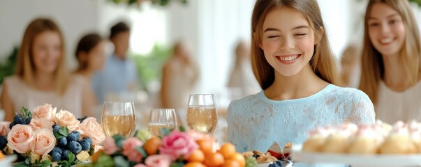 Celebrate life's special moments with elegance and style This gathering showcases a beautifully set table, perfect for festive events The image captures friends and family enjoying each other's