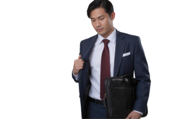 Empowering Leadership: Businessman Manager in a Portrait Concept. Young professional in a suit holding a briefcase, isolated on transparent background