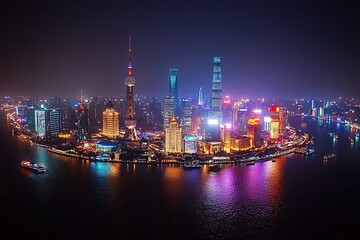 Shanghai skyline night aerial view