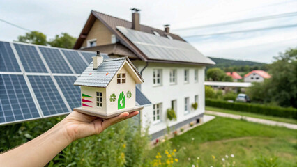 House energy efficiency, energy efficient rating class concept, eco home renovation save cost. Low-consumption ecological house. Hand holding Green Building for Sustainable Development Concept,estate,