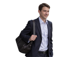 Empowering Leadership: Businessman Manager in a Portrait Concept. Professional man in a suit carrying a bag while walking, isolated on transparent background