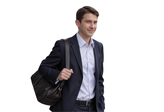 Empowering Leadership: Businessman Manager in a Portrait Concept. Professional man in a suit carrying a bag while walking, isolated on transparent background