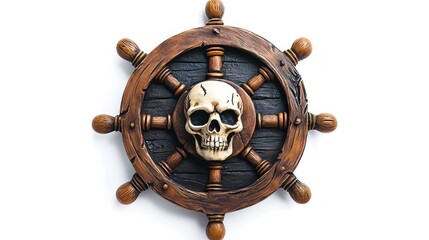 Obraz premium Pirate Steering Wheel With Skull, Isolated On White. Symbol Of Danger, Risk, And Adventure On The High Seas.