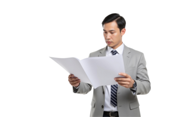 Empowering Leadership: Businessman Manager in a Portrait Concept. Businessman reviewing documents with focus and professionalism, isolated on transparent background