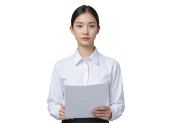 Empowering Leadership: Businesswoman Manager in a Portrait Concept. Businesswoman holding paper, isolated on transparent background