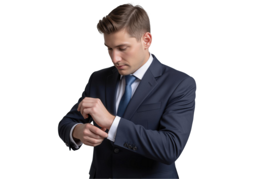 Empowering Leadership: Businessman Manager in a Portrait Concept. Businessman adjusting cufflinks in a formal suit, isolated on transparent background