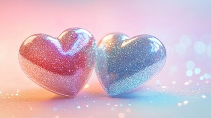 Fototapeta premium Two Glittery Hearts Pastel Pink and Blue Romantic Background