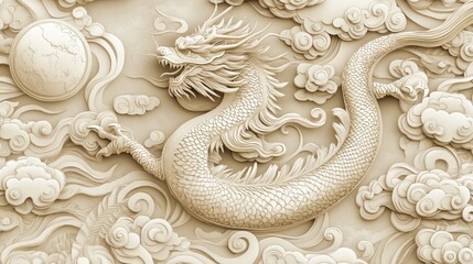 Elegant Beige Dragon Wall Art 3d Relief Asian Decor