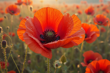 Obraz premium A beautiful field of red poppies with a single red flower in the foreground. Concept of tranquility and calmness, as the vibrant red flowers stand out against the lush green grass