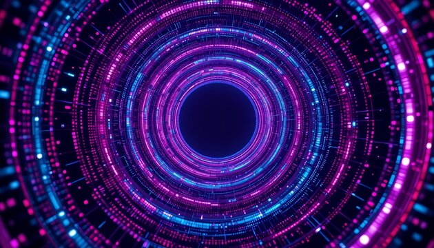 Abstract background with pulsating rings of glowing data points and dynamic depth for immersive AR/VR branding and AI concepts