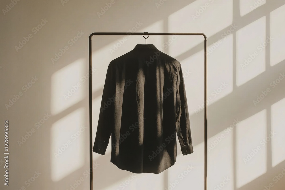 Poster hanging black shirt illuminated by soft sunlight casting shadows indoors in a minimalist setting