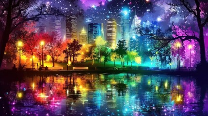 Obraz premium Rainbow Cityscape Reflected In A Tranquil Night Lake