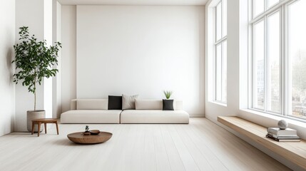 Bright, airy living room with clean lines and a touch of Nordic flair. The open space features white walls and a minimalist design, creating a sense of spaciousness and tranquility.