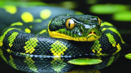 A detailed close-up of a snake showcasing its vibrant green and yellow patterned scales, highlighting its intricate textures and natural beauty.