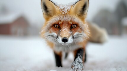 Wildlife Winter Survival Concept, Close-Up of a Frost-Covered Fox Stepping Through Snowy Terrain in a Winter Landscape