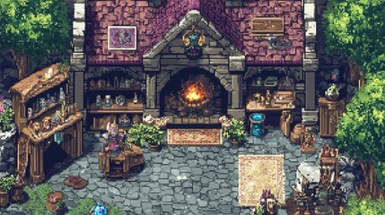 Fototapeta premium Pixel Art Shop With Fantasy Items And A Cozy Hearth, Perfect For Game Backgrounds.