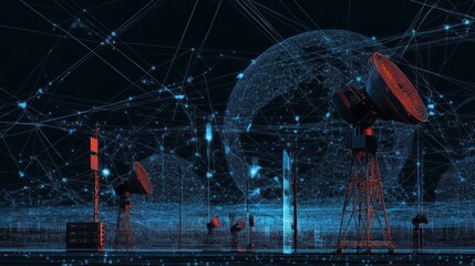 Global network communications featuring satellite dishes and data flow