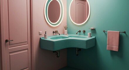 A bathroom with a pink and blue wall and a green sink. The sink is curved and has two sinks