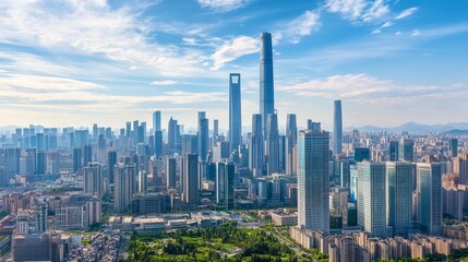 Fototapeta premium City skyscrapers with modern architecture in China's urban setting create an impressive skyline.