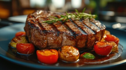 Experience culinary artistry with our delectable steak A gastronomic journey through haute cuisine, where presentation and flavor are equally mesmerizing Indulge in perfectly seared steak, adorned