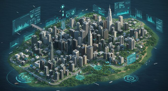 Futuristic Cityscape on Island with Augmented Reality Data Overlays - Powered by Adobe