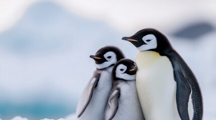 Fototapeta premium Wildlife Winter Survival Concept, Family of Penguins Huddled Together on Icy Terrain in a Natural Habitat with Soft Focus Background