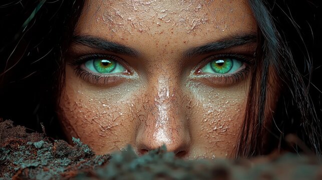 Close-up of an Asaro woman with a gray clay mask and leaf costume, intense gaze in a mud pool, dramatic backlighting