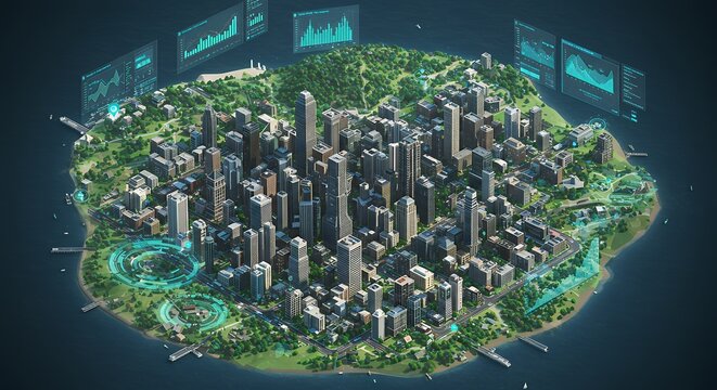 Aerial View of Smart City on Island with Data Overlays Concept