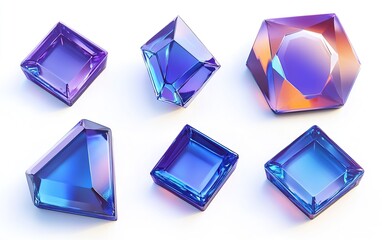 A set of blue and purple glass gems for video games on a white background