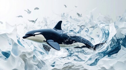 Obraz premium Orca Whale Surging Through White Water, Birds in Flight