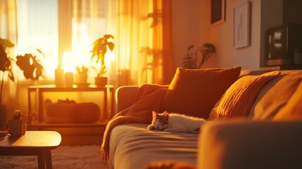 Cozy living room with a Scandinavian vibe. It's fall and the room is decorated with autumn colors. A cat is sleeping on the couch as the sun sets, casting a warm glow over everything.