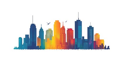 Fototapeta premium Colorful city skyline, sunset, birds, urban