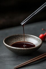 A creative shot of soy sauce being poured into a small ceramic dish, with chopsticks nearby