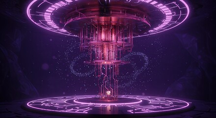 Futuristic Quantum Computer Core with Glowing Purple Lights and Circuitry