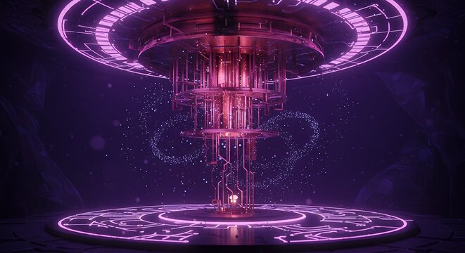 Futuristic Quantum Computer Core with Glowing Purple Lights and Circuitry - Powered by Adobe