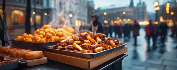 Experience the vibrant energy of urban cuisine with A street food vendor serving fresh, sizzling snacks from a food cart, with a crowd gathered around, an image capturing the essence of culinary