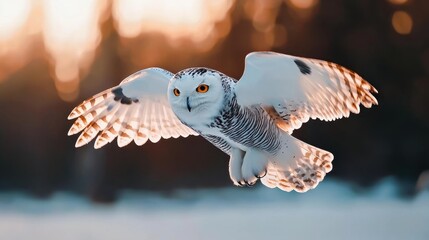 Wildlife Winter Survival Concept, Majestic Snowy Owl Gliding Silently Over a Frozen Field with a Stunning Winter Landscape in the Background