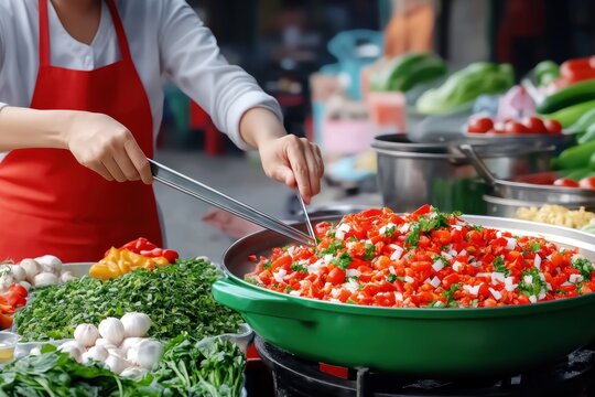 Experience the vibrant flavors of street food with A street vendor preparing an authentic dish using fresh, seasonal produce, their hands moving with expert precision Capture the essence of culinary