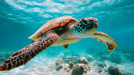 Fototapeta premium Underwater Sea Turtle Swimming in Vibrant Coral Reef